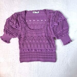 ZARA Womens Open Knit Coquette Girlhoodcore Cropped Sweater Tee‎ SZ L